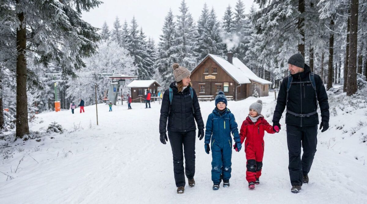 A real photograph of a family enjoying a calm winter day in the Erzgebirge, with children in snowsuits beside parents on a snowy trail near a small, friendly ski area.