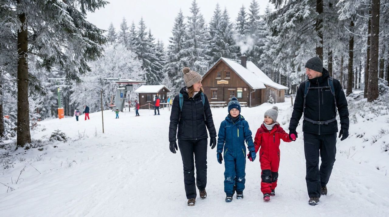 A real photograph of a family enjoying a calm winter day in the Erzgebirge, with children in snowsuits beside parents on a snowy trail near a small, friendly ski area.