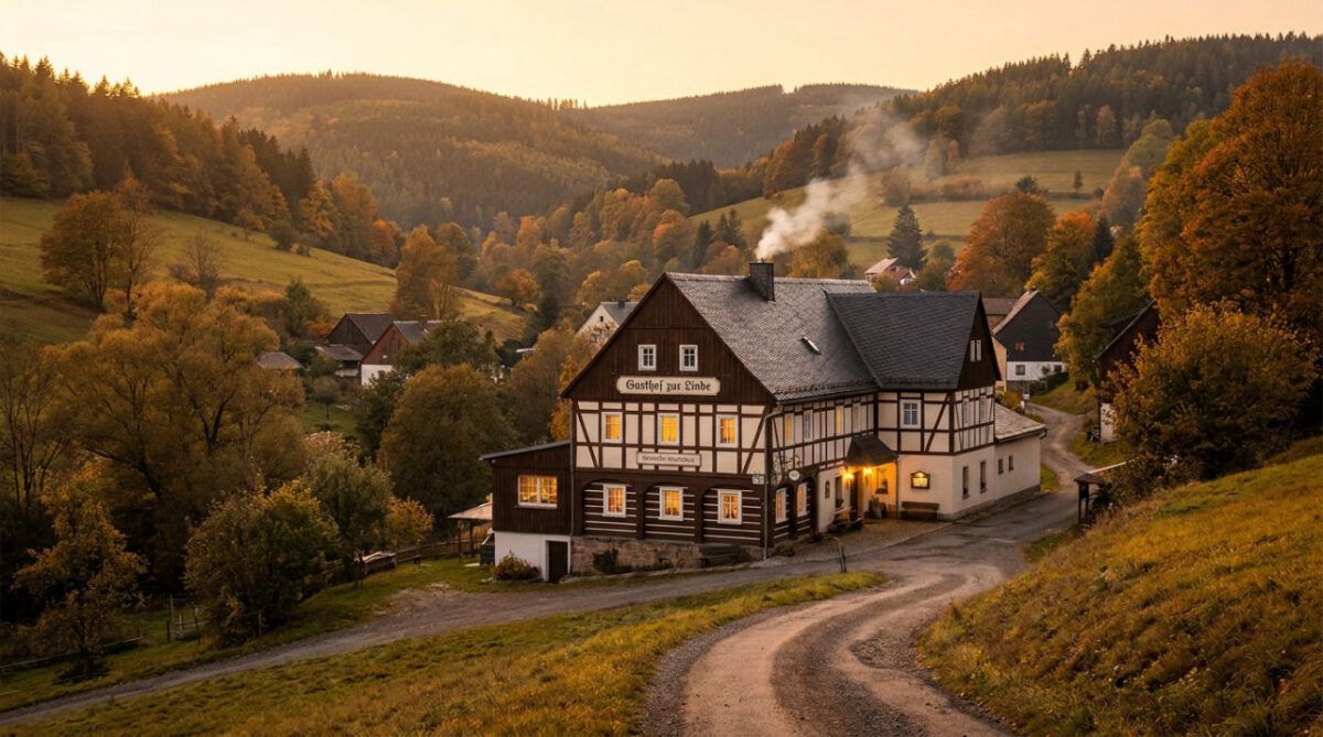 A welcoming rural scene in the Erzgebirge with a traditional half-timbered guesthouse, surrounding forested hills, and a warm, inviting atmosphere.