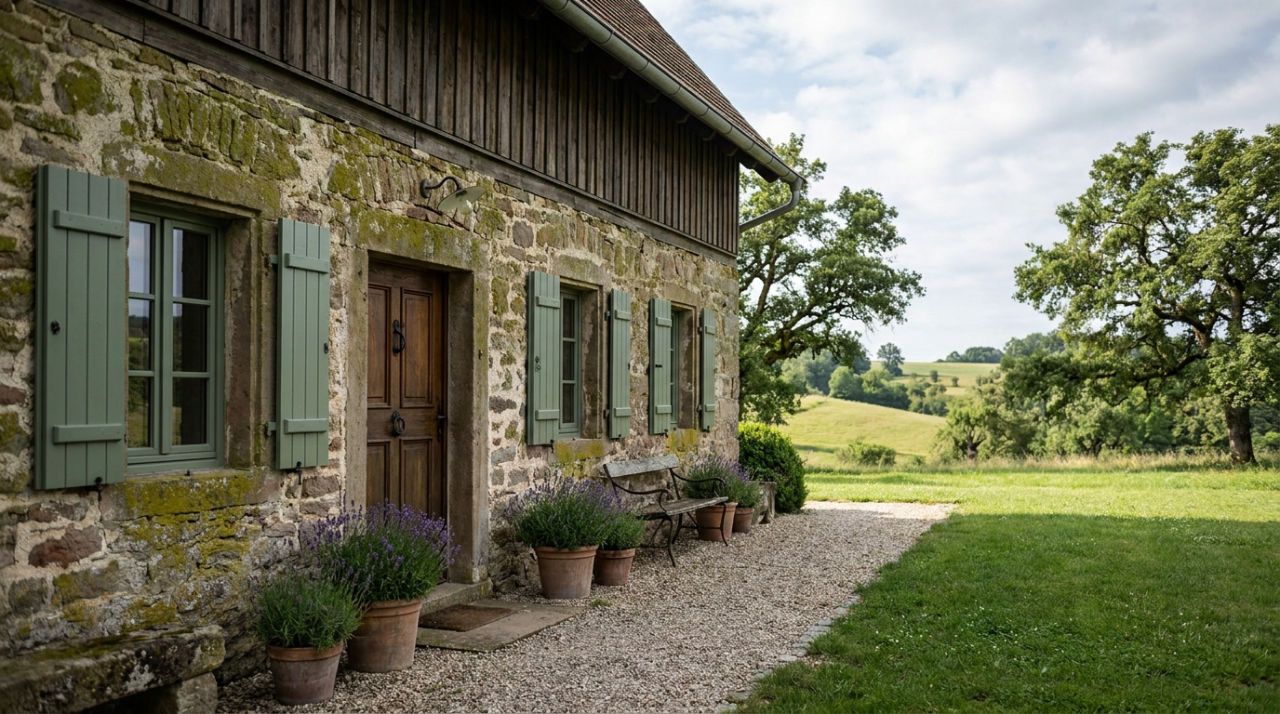 A serene photograph of a beautifully renovated historic holiday home in a picturesque rural setting, with old stone walls, wooden shutters, and a welcoming entrance in soft natural light.