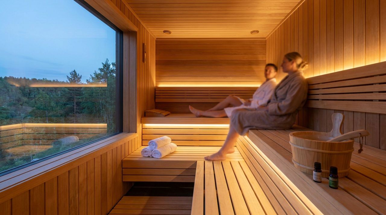 A welcoming photograph of a modern vacation home sauna with warm wooden interior, soft ambient light, and a relaxed wellness atmosphere.