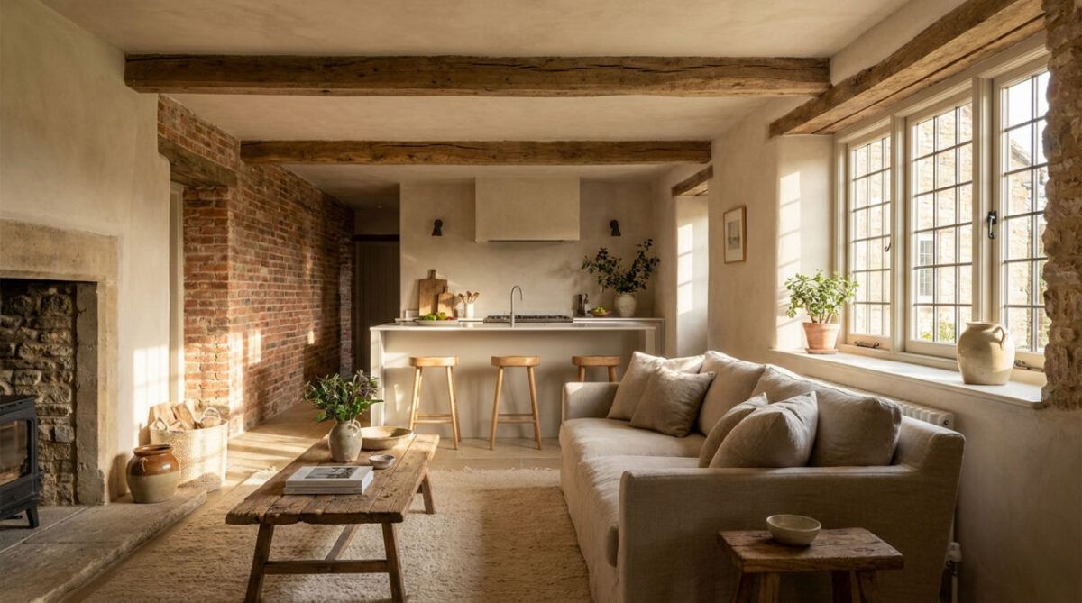 A serene photograph of a lovingly renovated old house interior with warm light, natural materials, and a balanced mix of historic character and modern comfort.